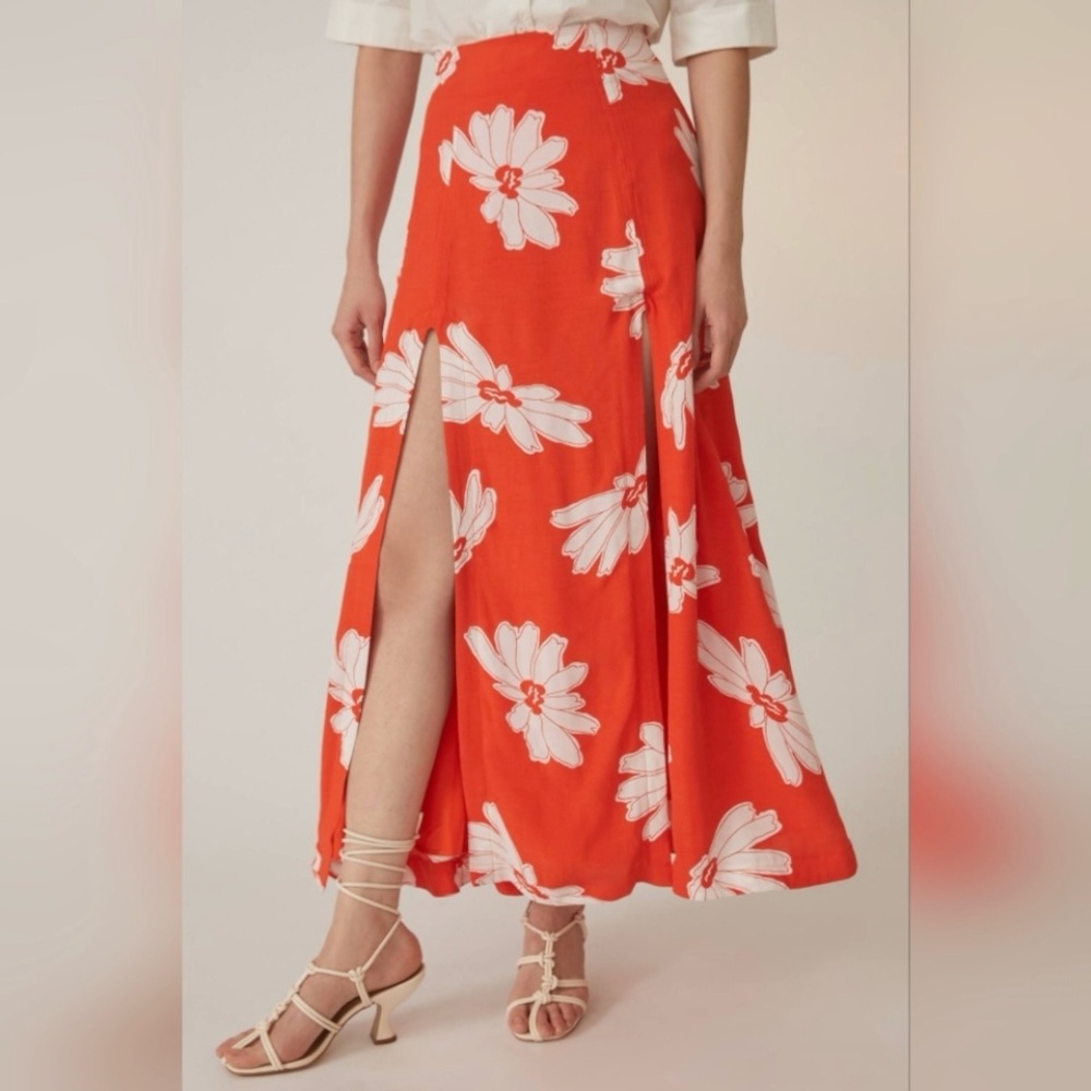 Anthropologie Maeve Orange Floral A-Line Double Slit Skirt 6